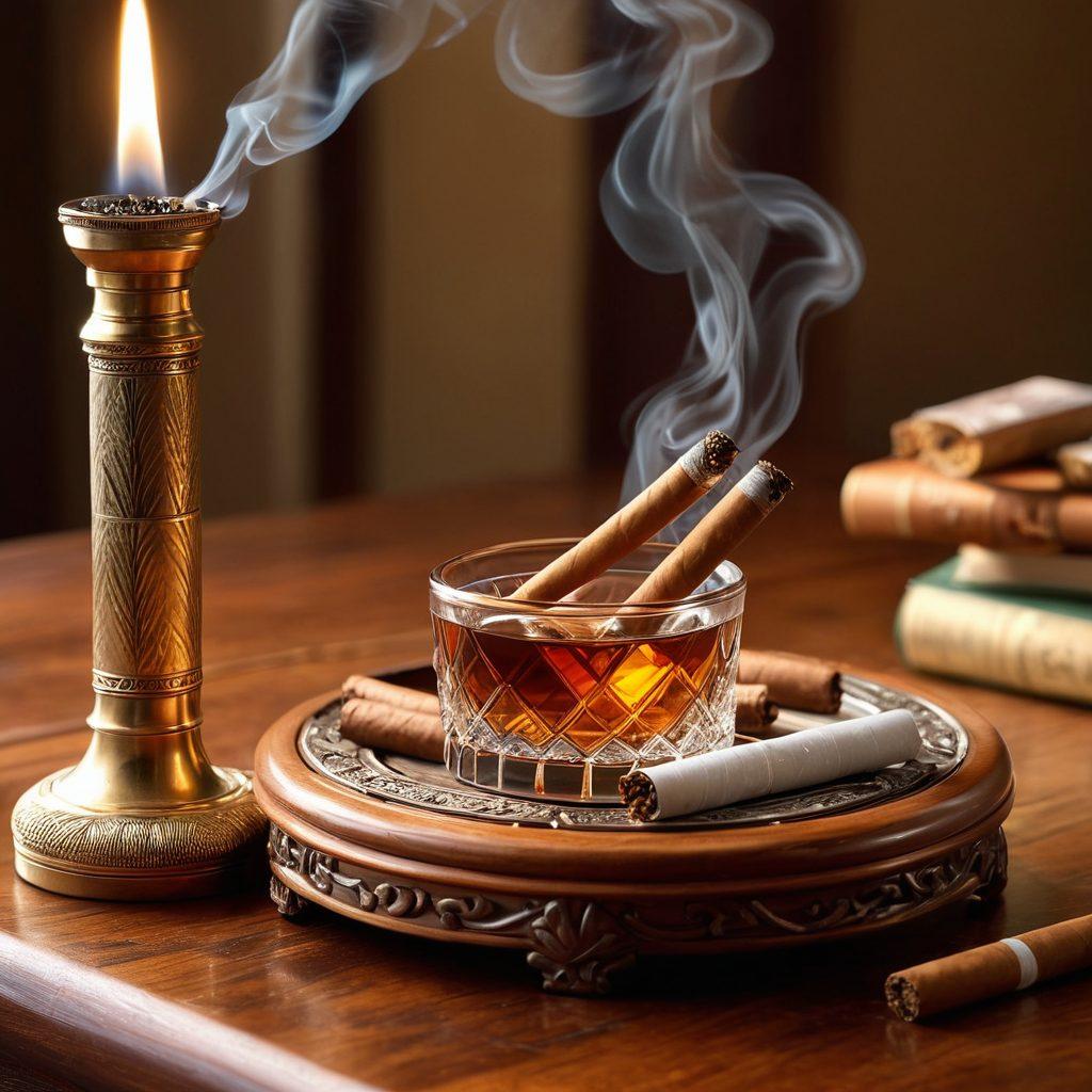 An elegant still life arrangement featuring high-quality cigarettes and cigars displayed on a polished wooden table. In the background, soft, warm lighting casts a cozy ambiance, enhancing the luxurious feel. Include intricate details such as an ornate lighter and a fine ashtray. Wisps of smoke gracefully curl upwards, creating a sense of relaxing indulgence. super-realistic. warm tones. high detail.