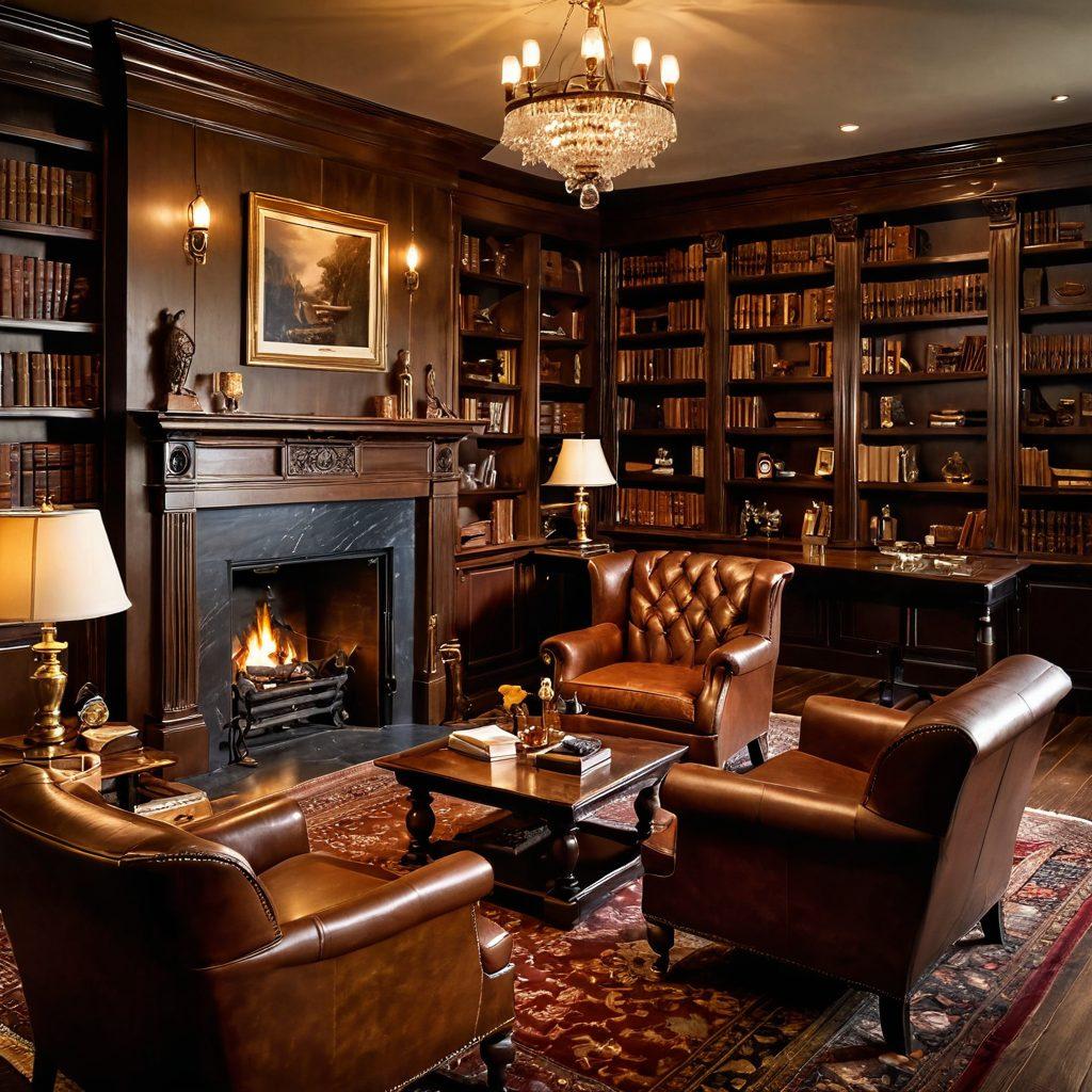 A sophisticated setting featuring an elegant wooden table adorned with an assortment of high-end cigarettes and luxurious cigars, complemented by a plush leather armchair and a glass of aged whiskey. The warm, ambient lighting enhances the atmosphere, with a backdrop of rich mahogany bookshelves. Smoke wisps gently rise, adding a sense of relaxation and indulgence. super-realistic. warm tones. vintage style.