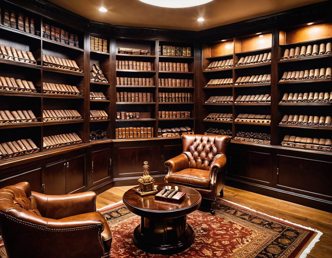 A luxurious tobacco shop interior, featuring polished wooden shelves filled with premium cigars and rich tobacco leaves. Soft golden lighting enhances the ambiance, inviting the viewer to indulge in the exquisite products. A plush leather chair sits in the corner, alongside a vintage ashtray and a glass of amber whiskey, suggesting relaxation and sophistication. Elegant decorative accents like ornate cigar cutters and fine tobacco boxes complete the scene. super-realistic. warm tones. vintage style.